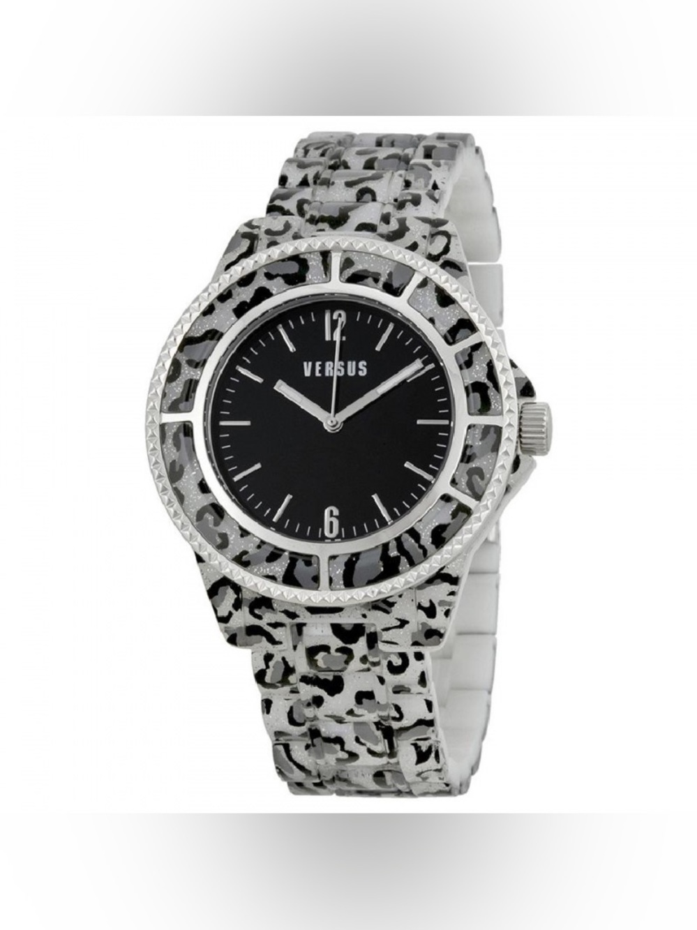 Versus Versace Black Dial Watch with Gray and Black Leopard Print Bracelet
